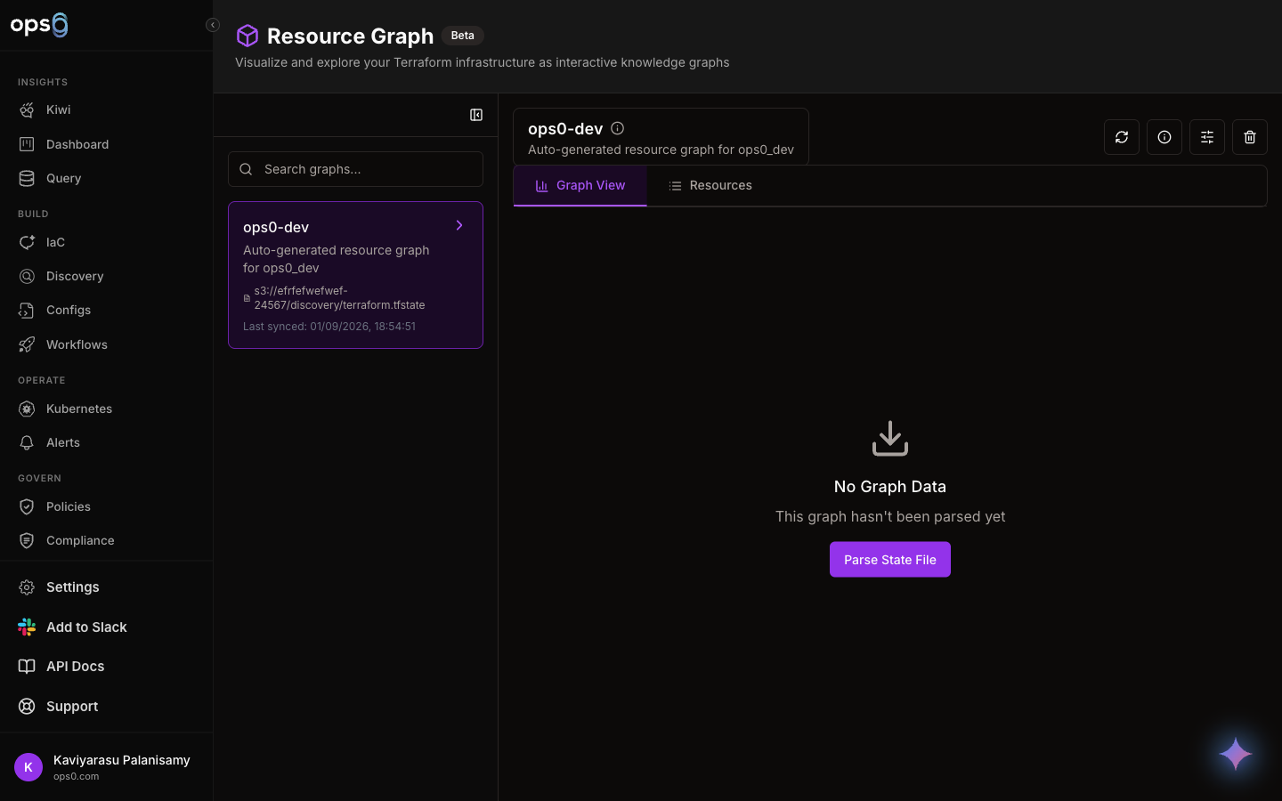 ops0 Resource Graph showing the graph list and an auto-generated resource graph