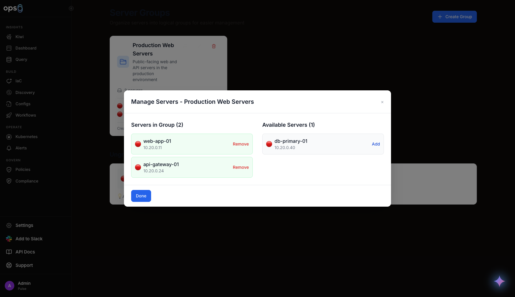 ops0 Manage Servers dialog showing servers in a group and available servers to add