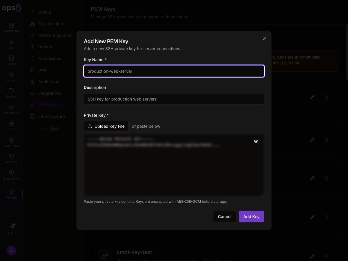 Add PEM Key dialog in ops0