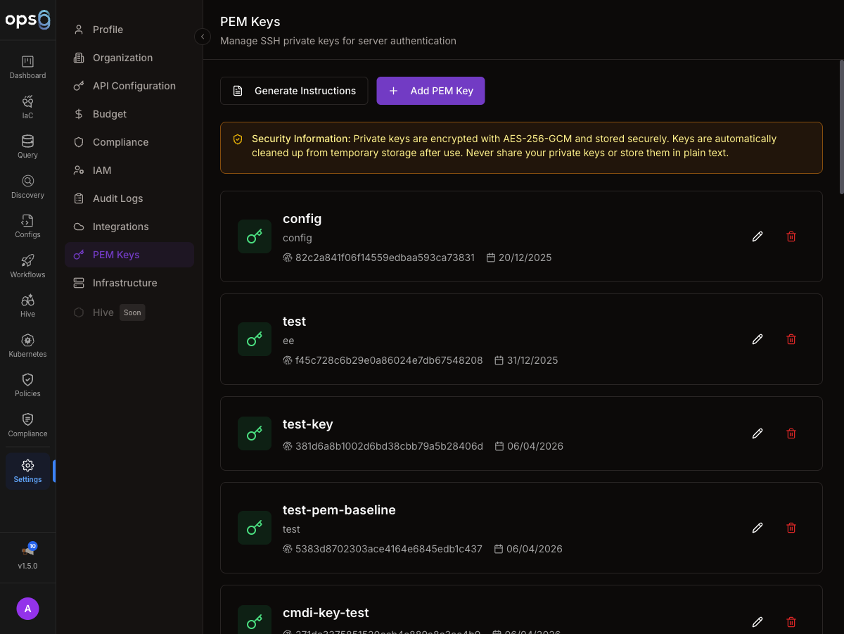 PEM Keys management page in ops0 settings
